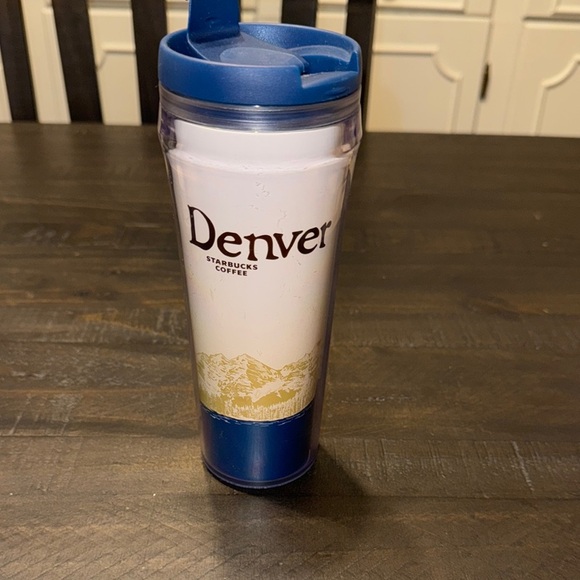 VTG 2004 Starbucks Denver Blue Plastic Tumbler Coffee Cup Mountain Design 12oz - Picture 1 of 8